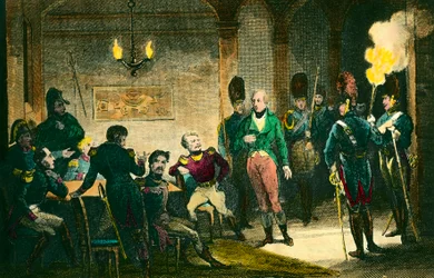 Caso de Luis de Borbón, Duque de Enghien (1772-1804): escena del juicio del príncipe sospechoso de conspirar contra el primer cónsul Napoleón Bonaparte, fue condenado y ejecutado sin pruebas. Grabado de 1804. Colección privada