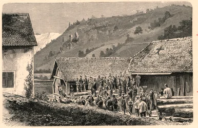 Celebración del culto católico en Saint Ursanne en Suiza en 1874, después de una fotografía. Grabado en “Les Missions Catholiques au XIXeme Siecle” de Louis-Eugene Louvet. Colección privada.