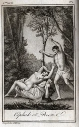 Céfalo y Procris, pareja de amantes. Grabado de 1819 en "Lettres a Emilie sur la mythologie" por Charles Albert Demoustier (1760-1801). Colección privada.