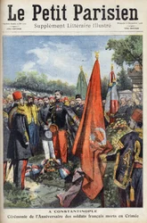 Ceremonia en Constantinopla del Imperio Bizantino (Estambul, Turquía) por el aniversario de los soldados franceses muertos en Crimea. En "Le petit parisien" el 6/09/1908. Colección privada.