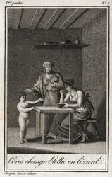 Ceres cambia a Stellion en un lagarto. Grabado de 1819 en "Lettres a Emilie sur la mythologie" por Charles Albert Demoustier (1760-1801). Colección privada.