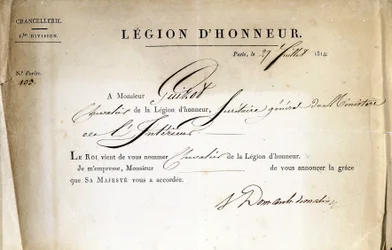 Certificado de entrega de la Legión de Honor a Guizot, Secretario General del Ministerio del Interior, 21/07/1814