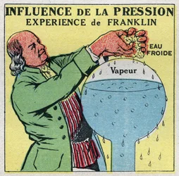 Cambios de estado: influencia de la presión. Punto de ebullición de Franklin, experiencia de Benjamin Franklin (1706-1790) para demostrar que el agua puede hervir a menos de 100 grados. Ilustración anónima de 1925. Colección privada.
