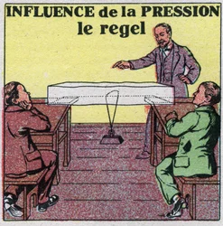 Cambios de estado: influencia de la presión en la fusión. Experiencia del regel o un alambre estirado por un peso pasa a través de un trozo de hielo sin romperlo. Ilustración anónima de 1925. Colección privada.