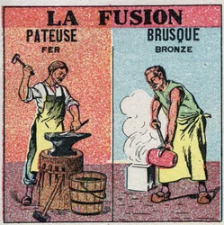 Cambios de estado: fusión de hierro y fusión abrupta de bronce. Ilustración anónima de 1925. Colección privada.