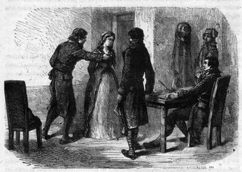 Charlotte Corday (1768-1793) exhumada por François Chabot (1756-1794) - Grabado en "Histoire des Girondins" por Alphonse de Lamartine (1790-1869) 1865-1866. Colección privada