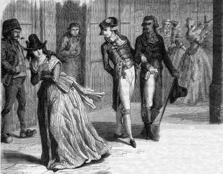 Charlotte Corday en la cuchillería Badin, bajo las arcadas del Palais-Royal en 1793 - Grabado en “Histoire des Girondins” de Alphonse de Lamartine (1790-1869) 1865-1866 - Colección privada