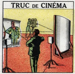 Cinematógrafo: equipo de cine. Espejos deformantes dan la ilusión de filmar monstruos. Ilustración anónima de 1925. Colección privada.