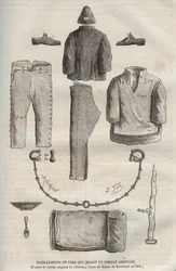 Ropa y grilletes recibidos por un forzado al llegar al bagne de Rochefort en el siglo XIX (del dibujo original de Clemans, forzado del bagne en 1840). Grabado en “Histoire des bagnes depuis leur création à nos jours” (1877) de Pierre Zaccone (1817-1895).