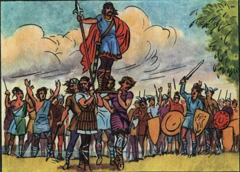 Clodoveo (rey de los francos de 481 a 511) fue elegido rey por los salios que lo llevaron en el baluarte (escudo) mientras recorrían el campamento. Ilustración anónima en 