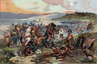 Conquista de la Galia: la batalla de Presles en 60 a.C. que opuso al pueblo de los Nervios liderados por Boduognat al ejército romano de Julio César. Cromolitografía publicitaria de chocolates Antoine en Bruselas, principios del siglo XX. Colección privada