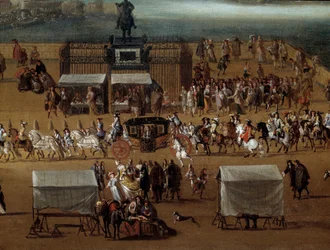 Cortejo pasando frente a la estatua de Enrique IV en el Pont Neuf en París en el siglo XVII (detalle)