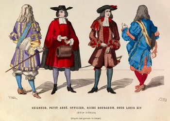 Trajes de señor, pequeño abad, oficial y burgués rico en París bajo el reinado del rey Luis XIV en el siglo XVII
