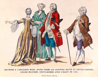Trajes de una matrona de moda antigua, una joven con peinado alto y pequeñas cestas, un ex militar y un caballero con traje en 1762 (reinado del rey Luis XV) - colección privada