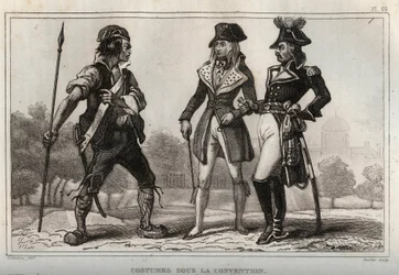 Trajes bajo la Convención. Grabado de 1859 en “Le Monde. Historia de todos los pueblos desde los tiempos más remotos hasta el presente” por M. E. de Lostalot-Bachoue. Colección privada.