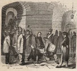 Acoplamiento en el Bagne de Rochefort en el siglo XIX. Grabado en “Histoire des bagnes depuis leur création à nos jours” (1877) por Pierre Zaccone (1817-1895). Colección privada.