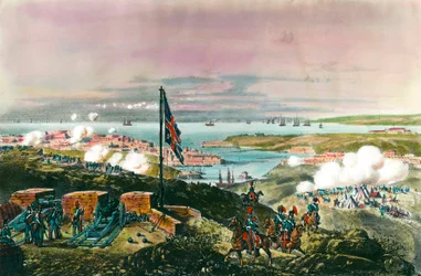 Guerra de Crimea (1853-1856) entre Rusia y el Imperio Otomano: los franceses y británicos aliados con los turcos para sitiar el puerto ruso de Sebastopol del 17 de octubre de 1854 al 8 de septiembre de 1855. Vista desde el frente inglés. Grabado del siglo 