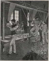 Taller de grabadores de cristal en Francia en el siglo XIX. Grabado de 1885 en "Les arts et metiers illustres" por Adolphe BITARD