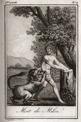 Muerte de Milón de Crotona devorado por un lobo. Grabado de 1819 en “Lettres a Emilie sur la mythologie” de Charles Albert Demoustier (1760-1801). Colección privada.