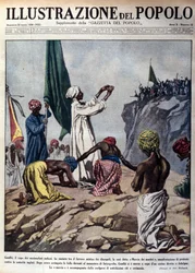Manifestación encabezada por el líder político Mohandas Karamchand Gandhi (1869-1948) para protestar contra las autoridades inglesas, que representa una ceremonia durante la denominada Marcha de los Mártires hacia Jalaipur. Ilustración tomada de