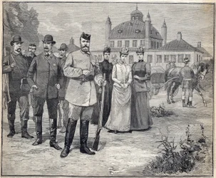 Partida de caza del Zar Nicolás II de Rusia (1868-1918) en Fredensborg, Dinamarca. Grabado en 