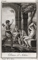 Diana y Acteón. Diana sorprendida en el baño por el cazador Acteón. Grabado de 1819 en “Cartas a Emilie sobre la mitología” de Charles Albert Demoustier (1760-1801). Colección privada.
