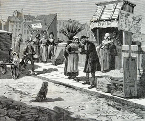 Peluqueros de perros en el puente nueve de París alrededor de 1796, grabado, colección privada