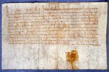 Donación de los dominios de Luzarches y Mussy a la abadía de Saint-Denis por el rey Carlomagno (Carlos I, Carlos el Grande o Carolus Magnus) (742-814) el 25/02/775. París, Archivos Nacionales
