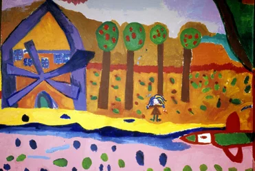 Dibujo de niños de la escuela de la Croix Rousse que representa un molino y árboles. Saint Brieuc, Saint-Brieuc.