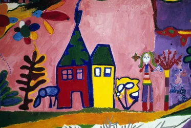 Dibujo de niños de la Escuela de la Cruz Rousseau representando pájaros, una niña y una casa. Saint Brieuc, Saint-Brieuc.