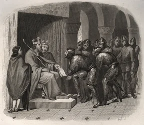 San Eduardo el Confesor (1004-1066) dando nuevas leyes a su pueblo. Grabado de 1846 en "Vidas de los santos". Colección privada