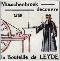 Capacitores eléctricos: Pieter (Petrus, Pierre) van Musschenbroek (1692-1761) descubrió la botella de Leiden, antecesora del capacitor, en 1746. Ilustración anónima de 1925. Colección privada.
