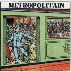 Tranvías eléctricos: pasajeros amontonándose en el Metropolitano de París. Ilustración anónima de 1925. Colección privada.