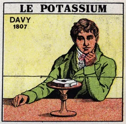 Electroquímica: descomposición de potasa (potasio) y soda por Sir Humphry Davy en 1807. Ilustración anónima de 1925. Colección privada.