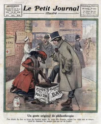 Jóvenes elegantes, su rostro oculto tras una máscara, lustran los zapatos de los transeúntes de Londres para recaudar dinero para hospitales ingleses. Ilustración tomada de “Le petit journal illustrious” del 06/11/1921. Colección privada