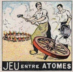 Éter (material): juego entre átomos. Charrones haciendo una rueda. Ilustración anónima de 1925. Colección privada.