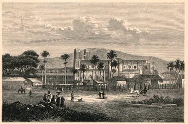 Vista exterior de la Catedral de Puerto España (Port of Spain) en Trinidad (Trinidad y Tobago). Grabado en “Les Missions Catholiques au XIXeme Siecle” por Louis-Eugene Louvet. Colección privada.
