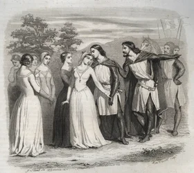 Despedida de Santa Isabel de Hungría (Turingia) (1207-1231) a su esposo, Luis IV de Turingia (1200-1227), que partía para la 6ª Cruzada en 1227. Grabado de 1846 en “Vidas de los santos”. Colección privada