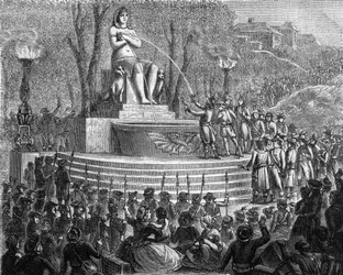 Fiesta de la nueva constitución (29 termidor año I o 10 de agosto de 1793) - La Fuente de la Regeneración sobre los escombros de la Bastilla (10 de agosto de 1793) - Grabado en “Histoire des Girondins” de Alphonse de Lamartine (1790-1869) 1865-1866 - Colec