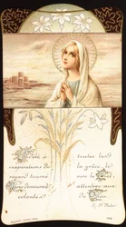 Fiel a todas las inspiraciones de la gracia, la mirada se vuelve al cielo, María permaneció atenta a los deseos de Dios Imagen piadosa. Siglo XX. Colección privada
