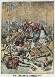 Primera Guerra Mundial 1914-1918: “La Fantasía Sangrienta”. En el bosque, una tropa de treinta ulanos (jinetes alemanes con lanza) luchada por ocho victoriosos spahis argelinos. Grabado en “Le Petite Journal”, el 28/11/1915. Colección privada.