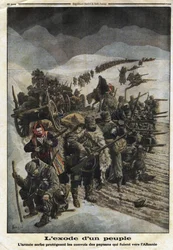 Primera Guerra Mundial 1914-1918: “El Éxodo de un Pueblo”. El ejército serbio protege los convoyes de campesinos que huyen de Serbia a Albania. Grabado en “Le Petite Journal”, el 26/12/1915. Colección privada.