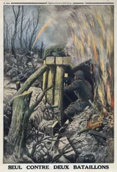 Primera Guerra Mundial 1914-1918. Un oficial francés lucha solo contra dos batallones del ejército alemán en el Bois de Caures. En “Le Petite Journal”, el 14/05/1916. Colección privada