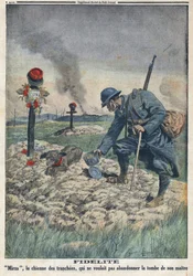 Primera Guerra Mundial 1914-1918. Un perro se niega a abandonar la tumba de su amo muerto en la trinchera. En “Le Petite Journal”, el 10/09/1916. Colección privada