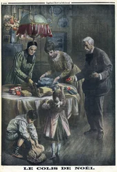 Primera Guerra Mundial 1914-1918. Regalo de Navidad: Los niños reciben y desempacan paquetes que recibieron de su padre en el campo de batalla en Nochebuena. En “Le Petite Journal”, el 24/12/1916. Colección privada