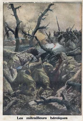 Primera Guerra Mundial 1914-1918. Ametralladores franceses disparando a militares alemanes atacantes. En “Le Petite Journal”, el 9/04/1916. Colección privada
