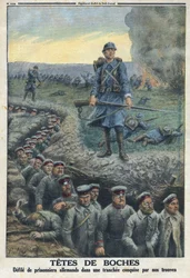 Primera Guerra Mundial 1914-1918. "Cabezas de cabeza": desfiles de prisioneros alemanes en una trinchera conquistada por las tropas del ejército francés. En "Le Petite Journal", el 5/03/1916. Colección privada