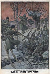 Primera Guerra Mundial 1914-1918. Soldados rusos Ahotniki en esquís disparan a soldados alemanes. En 