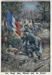 Primera Guerra Mundial 1914-1918. El Día de los Muertos en el Frente: Soldados en el Día de Todos los Santos adornan la tumba de los soldados caídos. En “Le Petite Journal”, el 5/11/1916. Colección privada