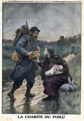 Primera Guerra Mundial 1914-1918 (Guerra 14-18). La caridad del peludo: un soldado francés en un camino se detiene para ofrecer pan a una mujer sola con su bebé. En "Le Petite Journal", el 9/01/1916. Colección privada